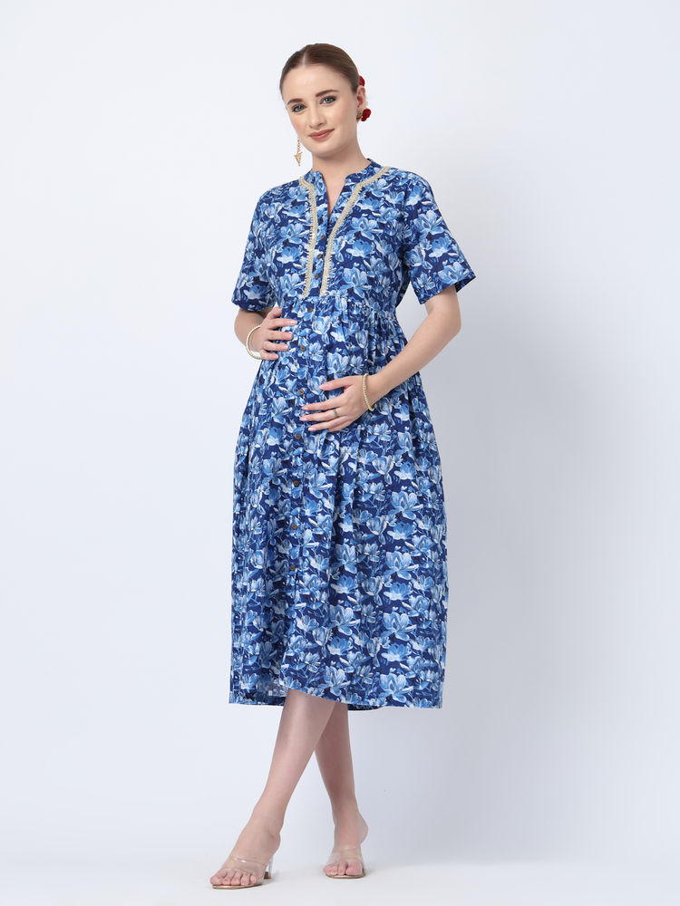 Zelena Cotton Maternity Dress - Indigo Blue-picture-19