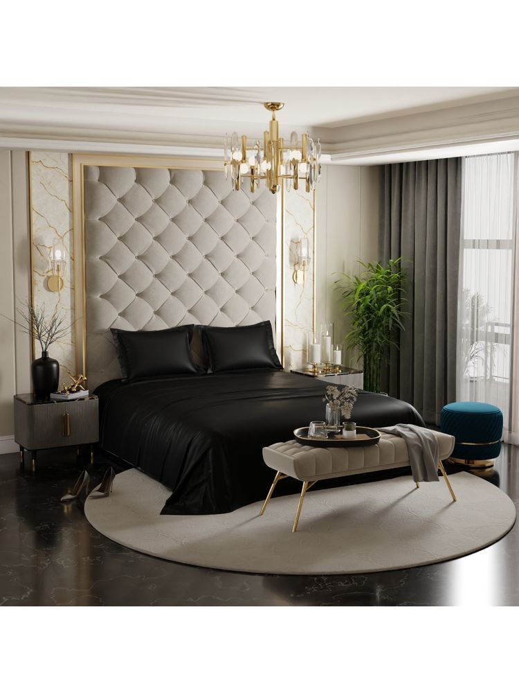 Stoa Paris Black King Satin Bedsheet with 2 Pillow Covers-image-4