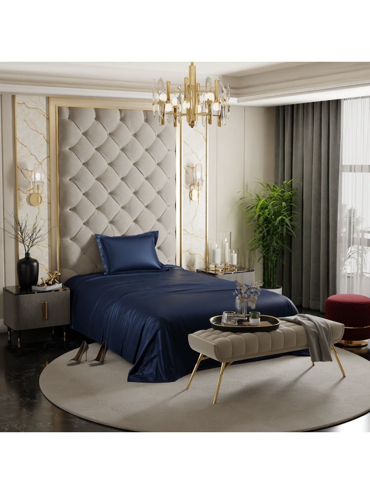 Stoa Paris Navy Blue Single Satin Bedsheet with 1 Pillow Cover-image-48