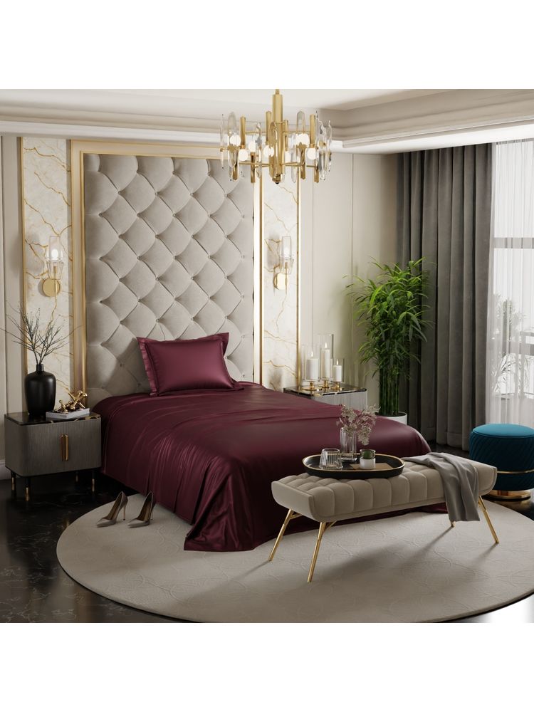 Stoa Paris Burgundy Single Satin Bedsheet with 1 Pillow Cover-image-0