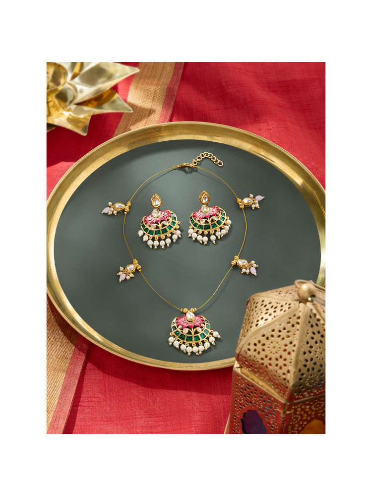 Zaveri Pearls Green Pink Meenakari Lotus Kundan Necklace and Earring Set-ZPFK19169-picture-18