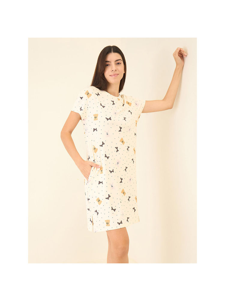 Sweet Dreams Women Cream Printed Short Sleeve Short Dress-picture-25