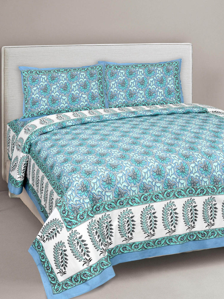 JAIPUR FABRIC Lovely Lotus Blue Double Bedsheet With 2 Pillow Covers (Queen)-image-31