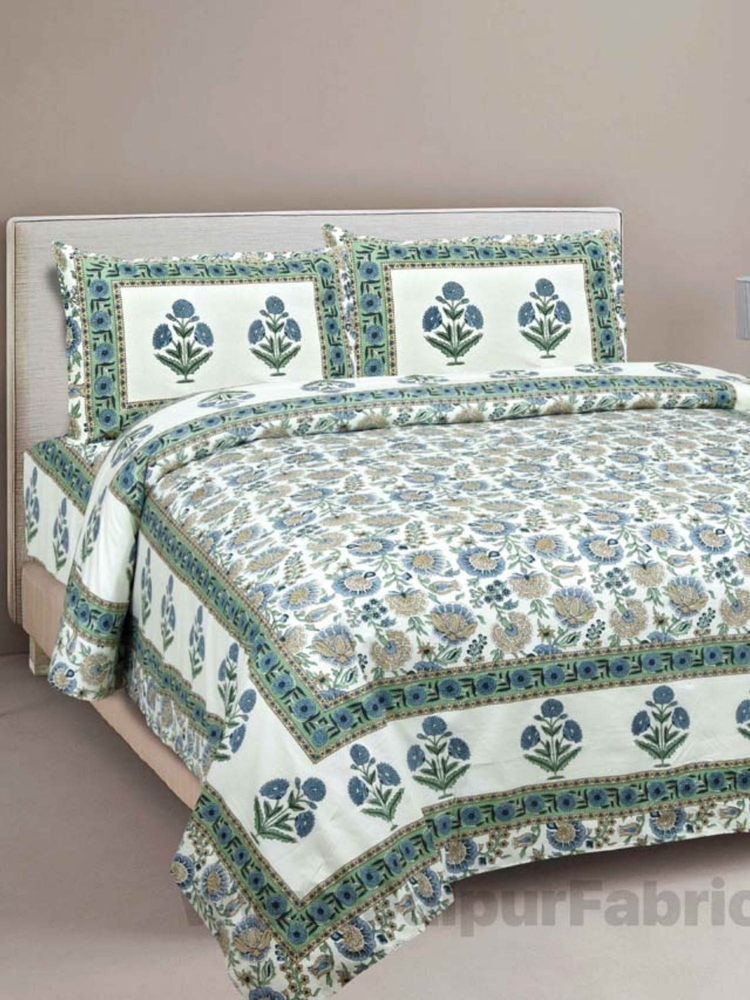 JAIPUR FABRIC Pure Cotton Green Color Floral Ethnic Double Bedsheet With 2 Pillow Covers (Queen)-picture-10