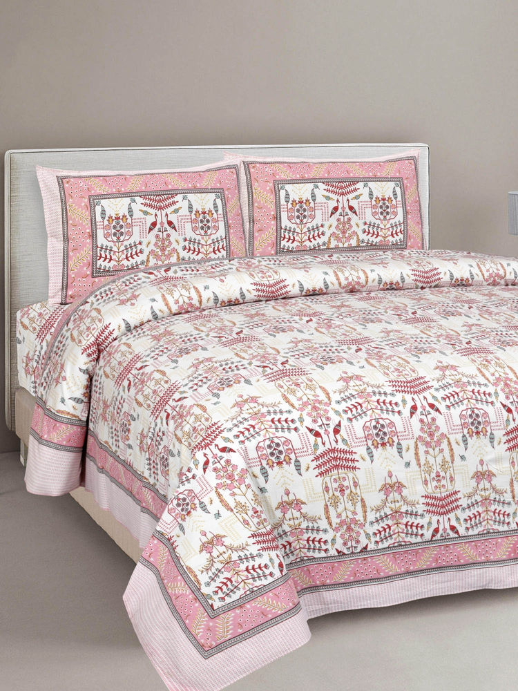 JAIPUR FABRIC Pure Cotton Artistic Modern Pink Cream Double Bedsheet With 2 Pillow Covers (Queen)-image-10