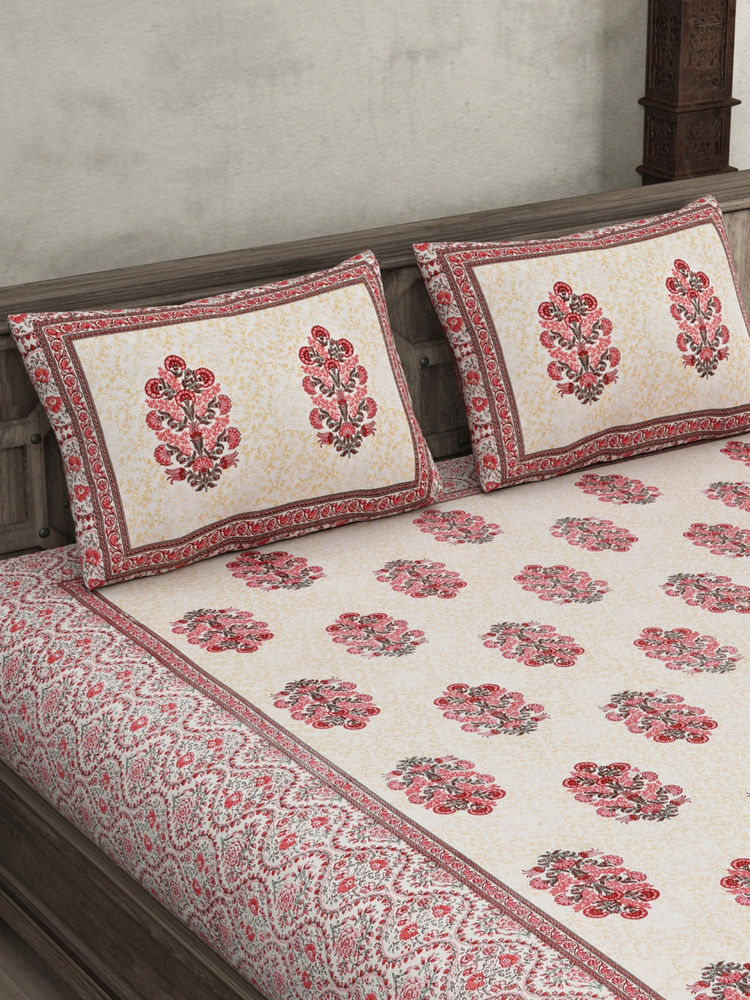 JAIPUR FABRIC Pure Cotton Beautiful Bouquet Pink Double Bedsheet With 2 Pillow Covers (Queen)-image-2
