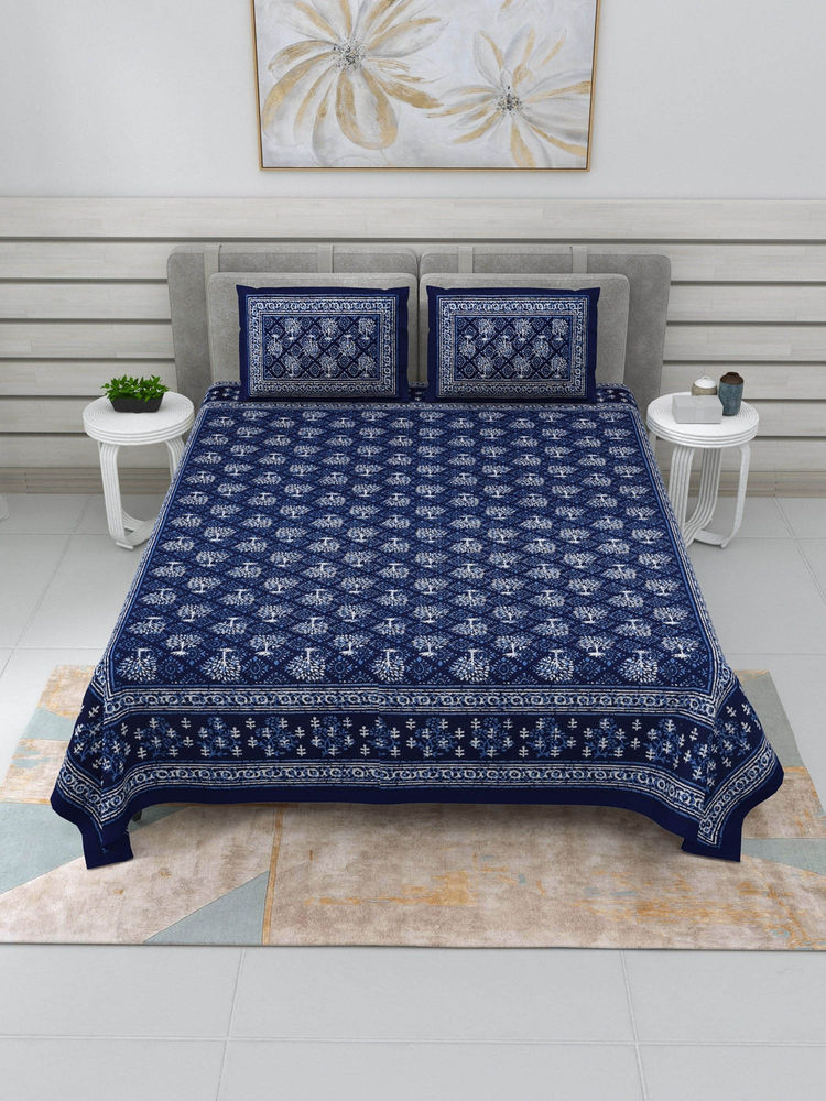 JAIPUR FABRIC Blue Topiary Dabu Print Double Bedsheet With 2 Pillow Covers (Queen)-picture-39