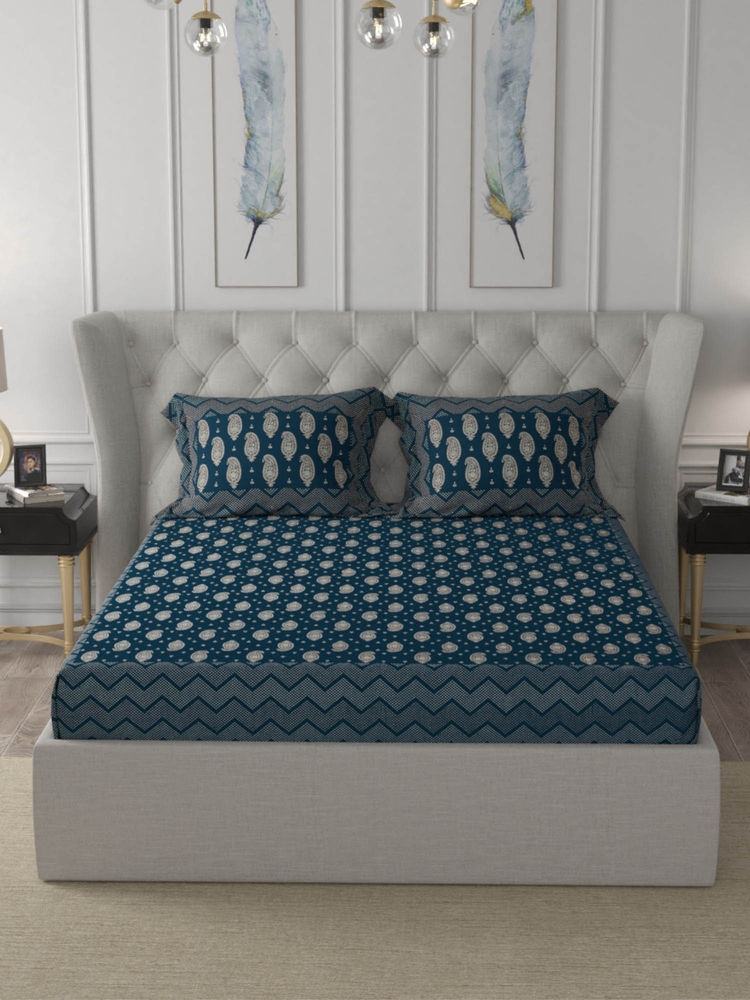 JAIPUR FABRIC Traditional Goldi Blue Queen Size Bed Sheet With 2 Pillow Covers (Queen)-image-32