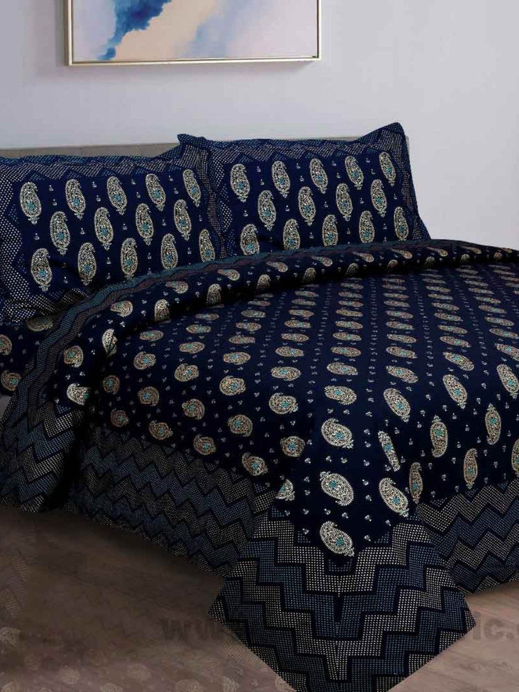 JAIPUR FABRIC Traditional Goldi Nay Blue Queen Size Bed Sheet With 2 Pillow Covers (Queen)-image-34