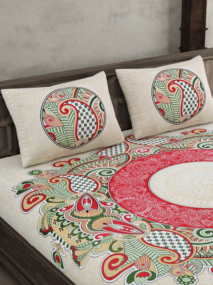 JAIPUR FABRIC Cosmic Kolam Coral Pink Double Bed Sheet With 2 Pillow Covers (Queen)-image-47