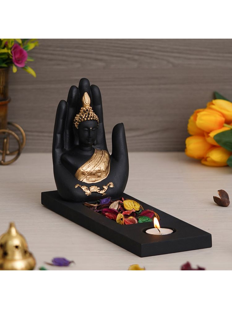 eCraftIndia Palm Buddha Showpiece with Rectangle Base, Fragranced Petals & Tealight-image-15