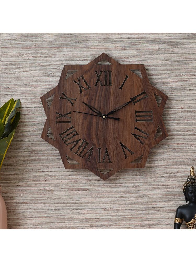 eCraftIndia Brown Floral Decagon Shape Roman Numerals Wooden Wall Clock-picture-25