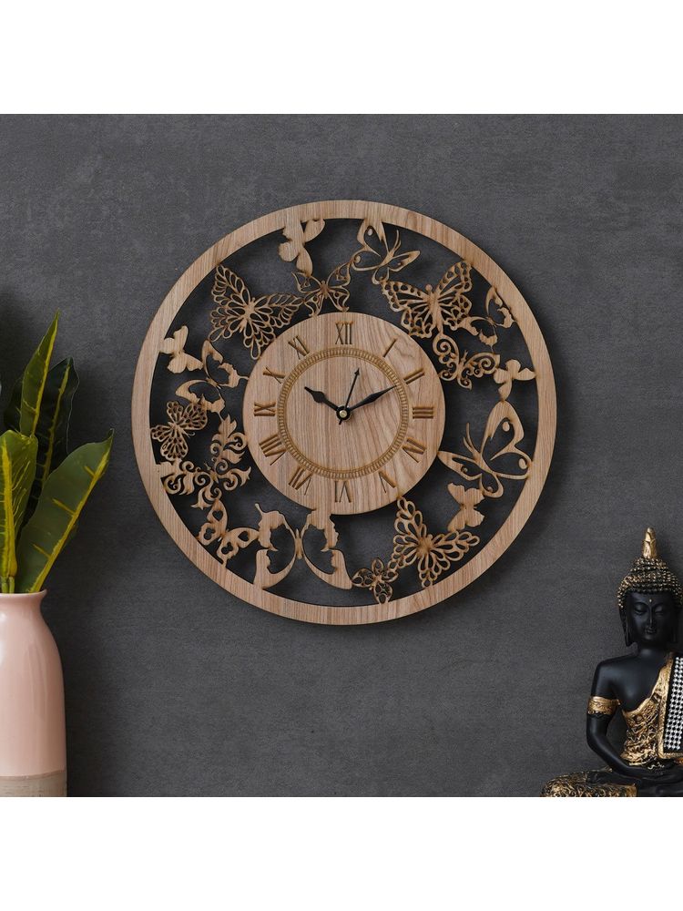eCraftIndia Light Brown Butterfly Designer Round Shape Roman Numerals Wooden Wall Clock-image-7