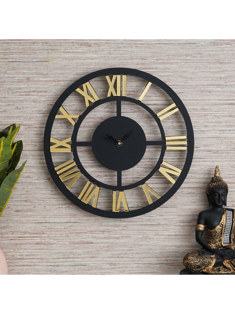 eCraftIndia Black & Golden Modern Round Shape Roman Numerals Wooden Wall Clock-picture-26