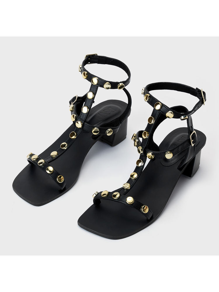 RSVP by Nykaa Fashion Black Square Toe Studded Gladiator Heels For Women-picture-14