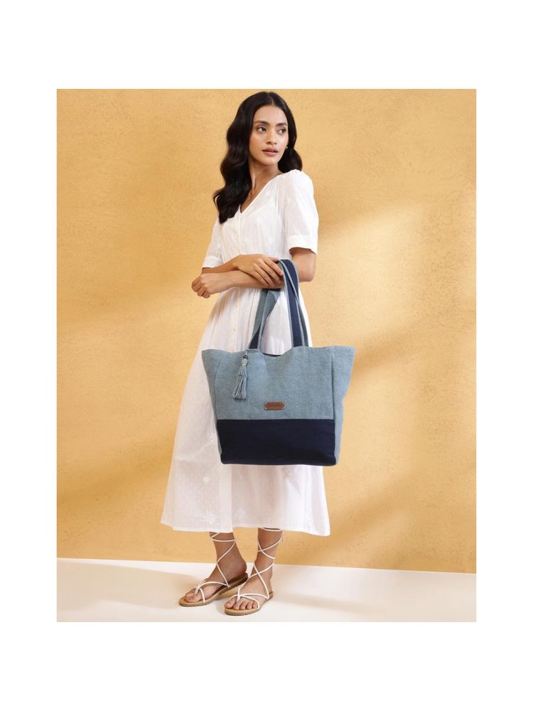 Fabindia Light Blue Cotton Tote Bag-image-32