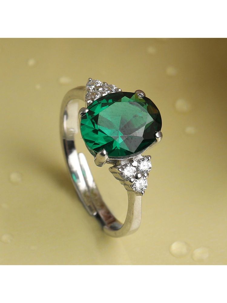 CLARA 925 Silver Rhodium Plated Swiss Zirconia Dark Green Oval Adjustable Ring For Women & Girls-image-15