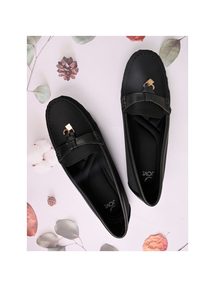 Jove Women Black Solid Loafers-image-13