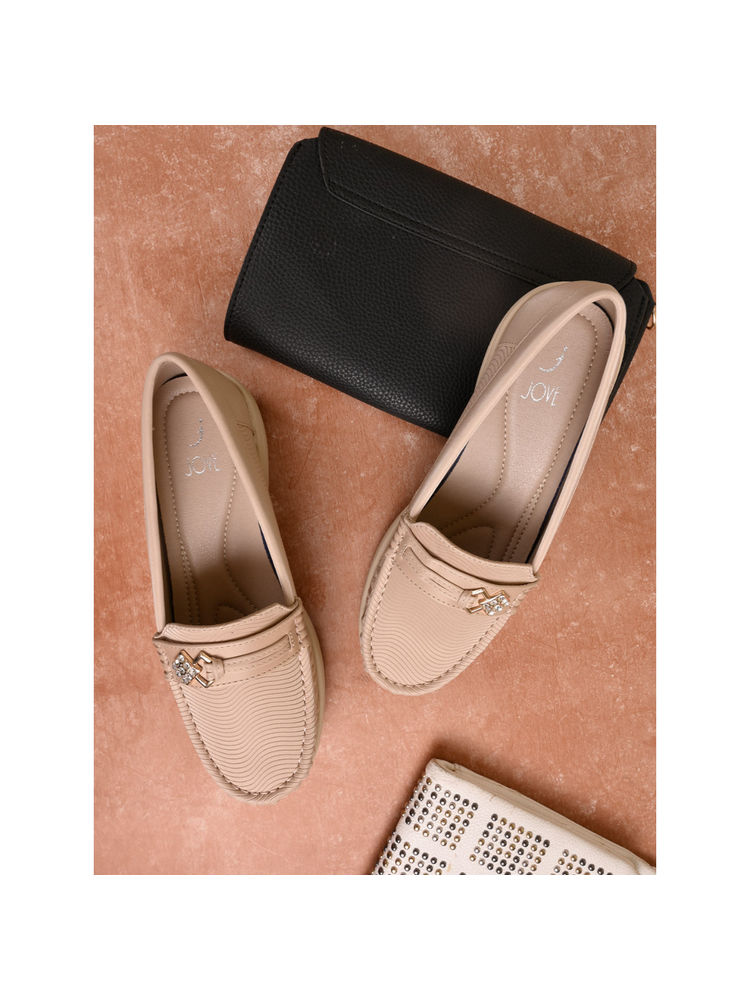 Jove Women Beige Textured Wedge Heel Loafers-image-2