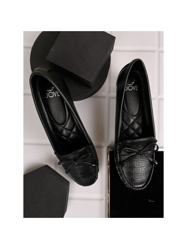 Jove Women Black Textured Wedge Heel Loafers-picture-22