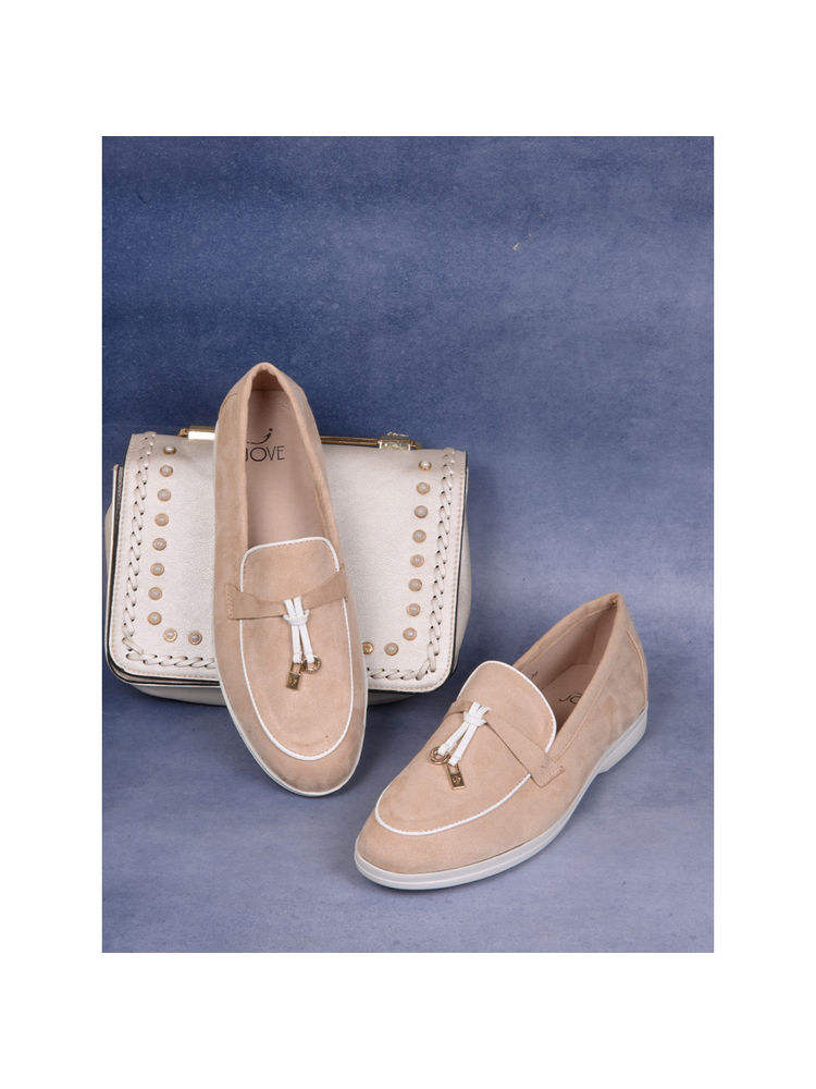 Jove Women Beige Solid Loafers-image-11