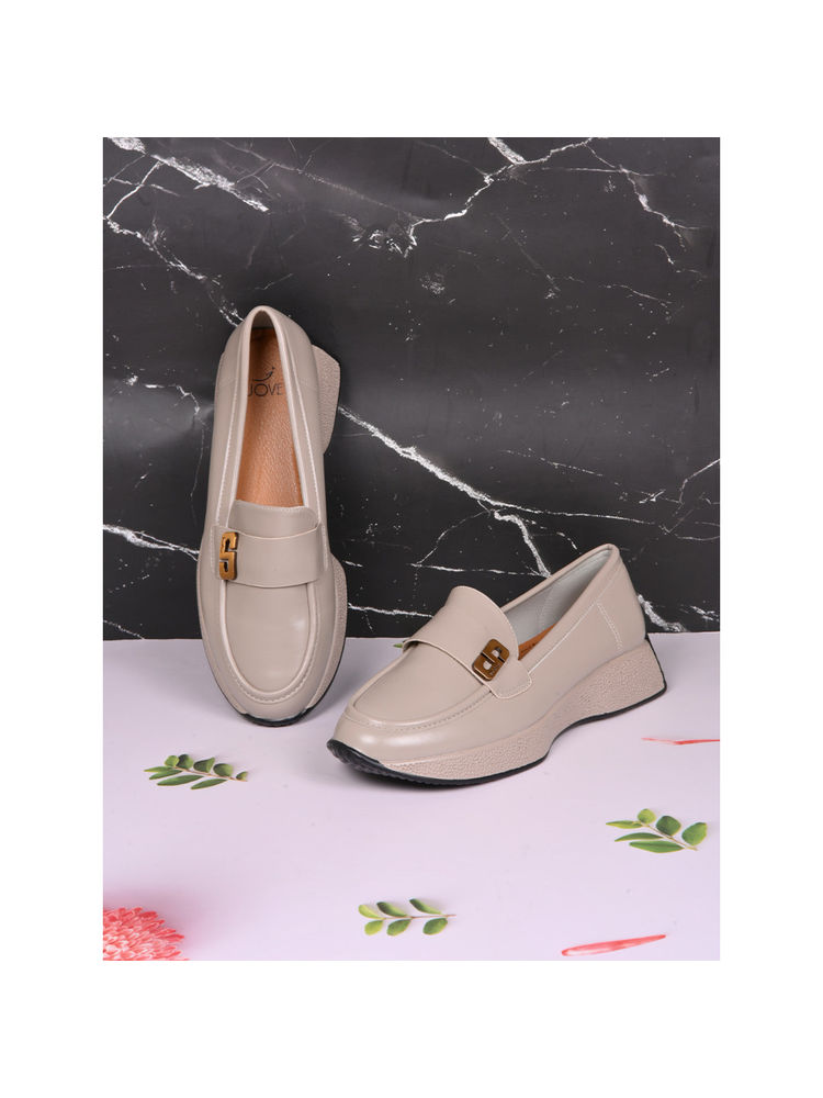 Jove Women Khaki Solid Loafers-picture-19