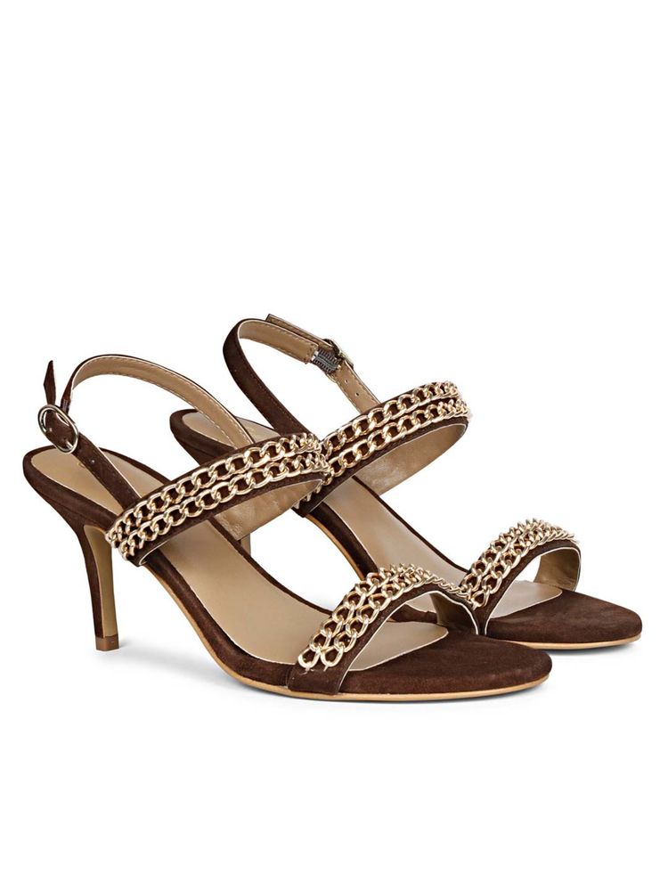 Saint G Gold Chain Brown Suede Leather Stilettos-picture-1
