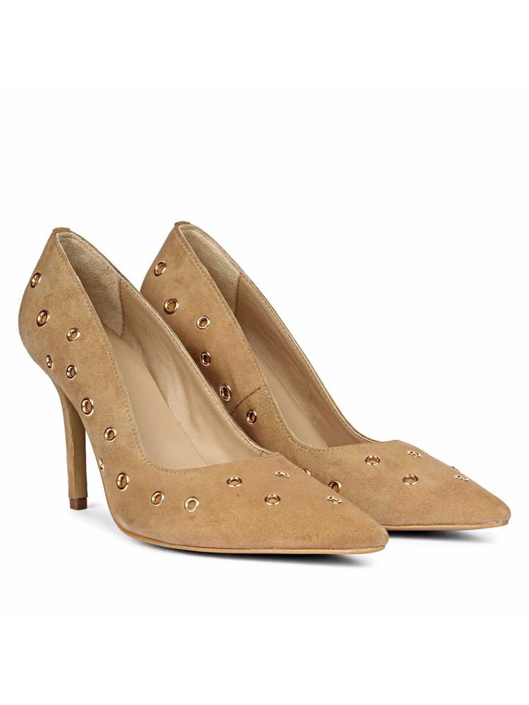 Saint G Remi Eyelet Embellished Tan Suede Leather Pumps-image-39