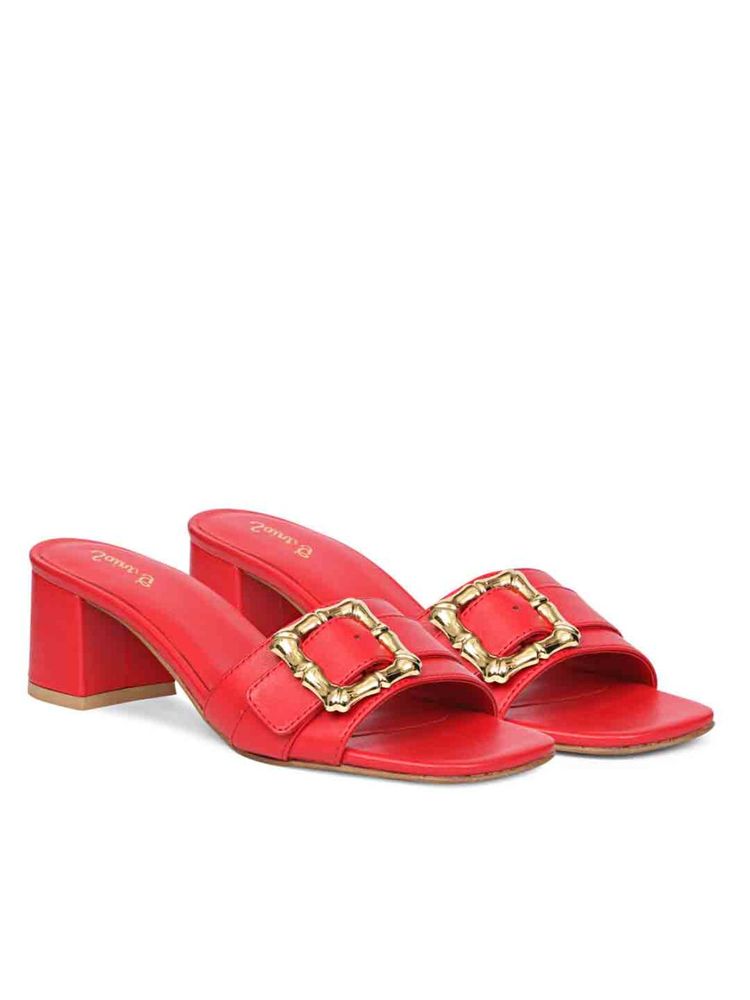 Saint G Flavia Gold Square Buckle Leather Red Block Heels-picture-11