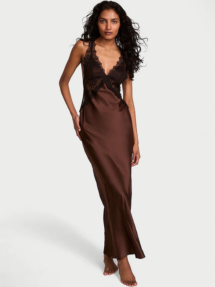 victoria's secret intimates Victoria's Secret Women Brown Rose Lace Long Slip Nightdress (XS)-picture-15