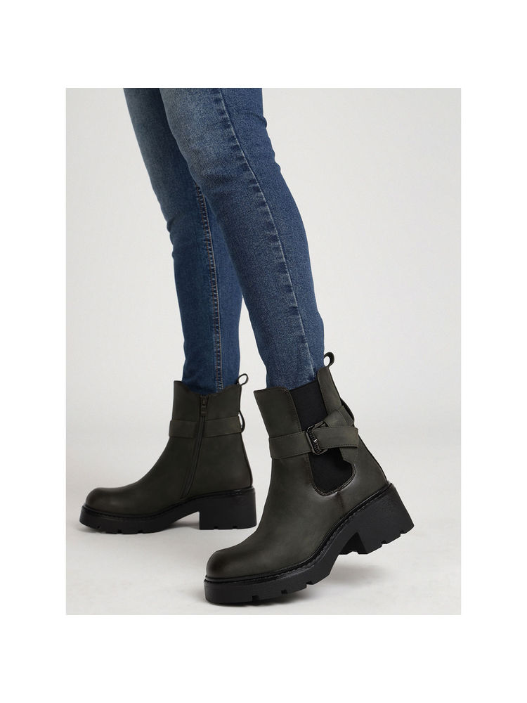 Truffle Collection Green Solid Buckle Boots