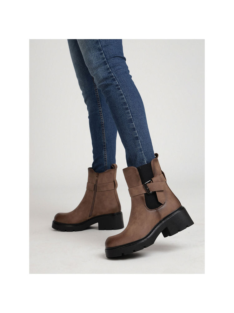 Truffle Collection Tan Solid Buckle Boots