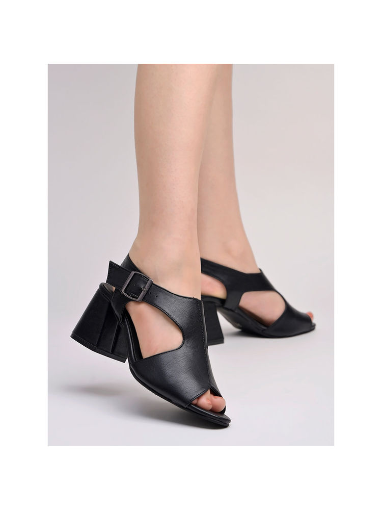 Shoetopia Solid Peep Toe Black Heels for Women-picture-16