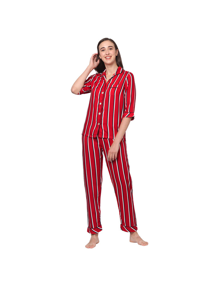 Sweet Dreams Women Striped Lapel Collar 3/4th Sleeves Rayon Shirt & Pyjama Set - Red-picture-18