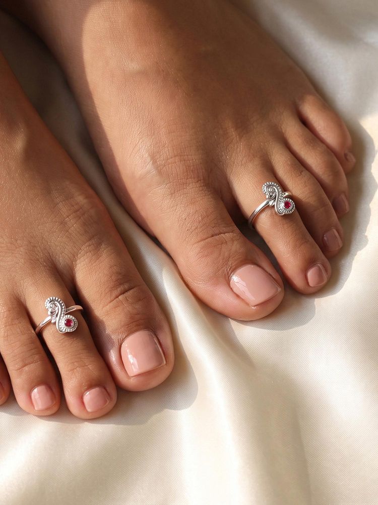 TOUCH925 Pure 925 Silver Paisley Ruby Toe Ring for Women-image-47