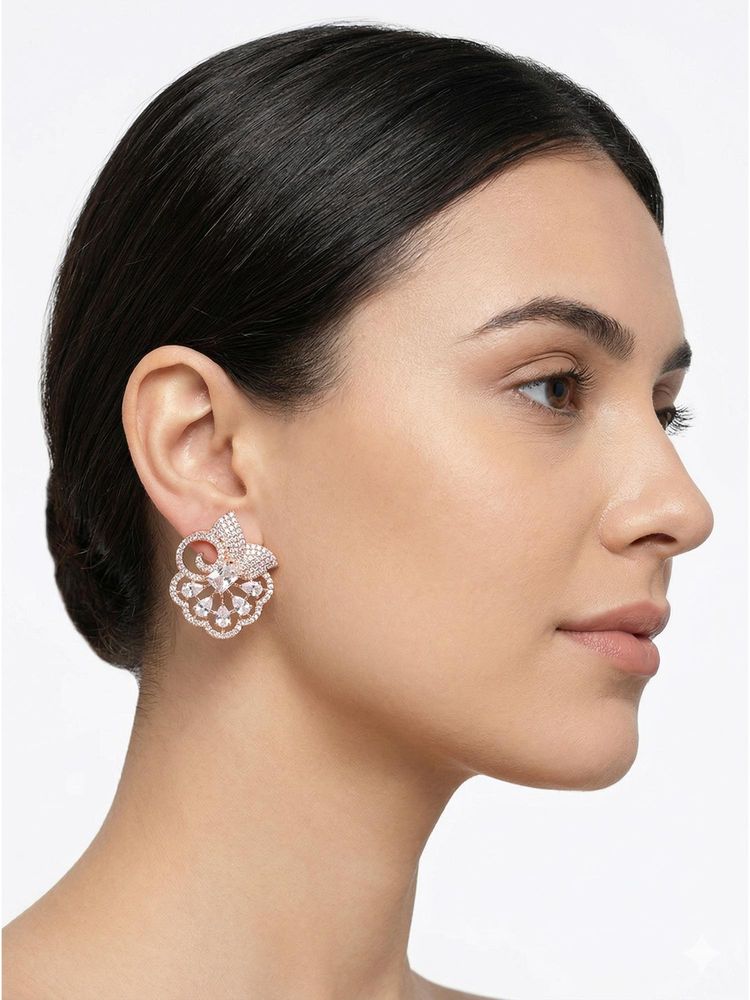 Adwitiya White Rose Gold Floral Scallop Statement Studs-image-34