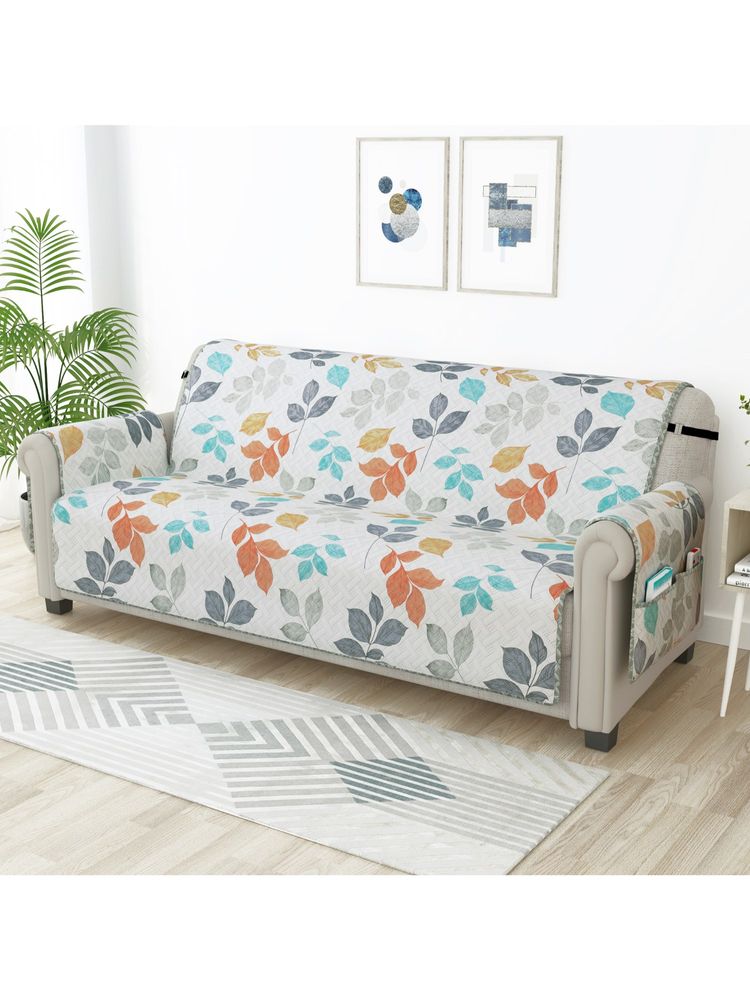 Story@Home Leaf Print 4-Seater Sofa Cover (White & Grey)-image-3