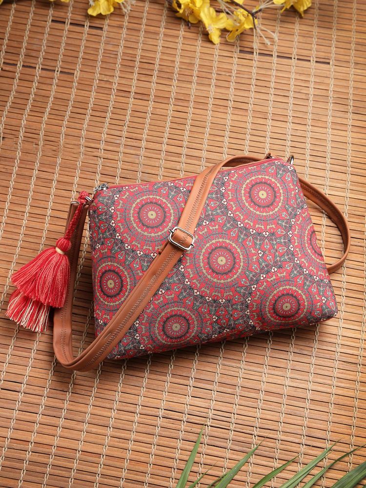 Anekaant Tile Trip Red Canvas Abstract Printed Sling Bag