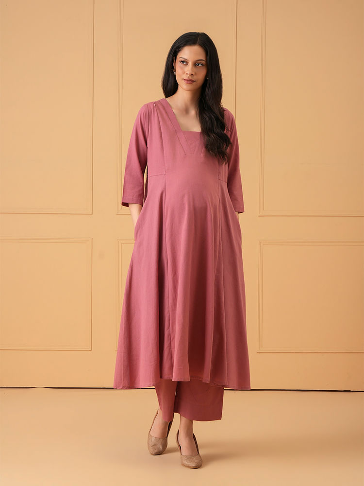 The Mom Store Mauve Solid Cotton Comfortable Fit Kurta and Pant-picture-14