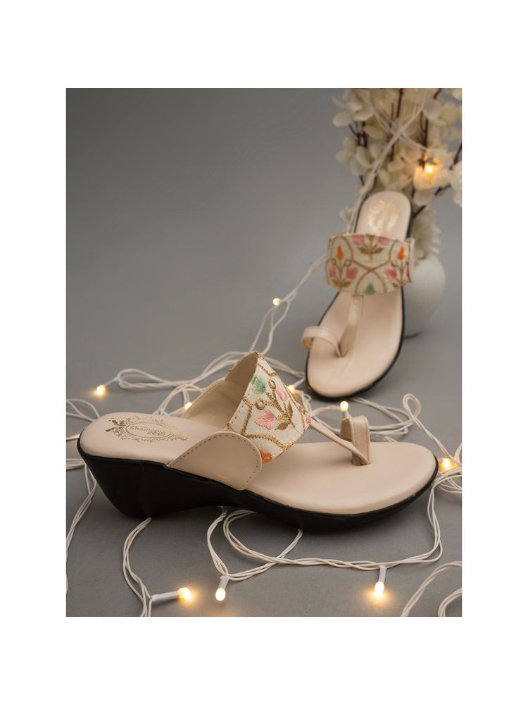 Shoetopia Women Beige Embellished Wedges-image-42