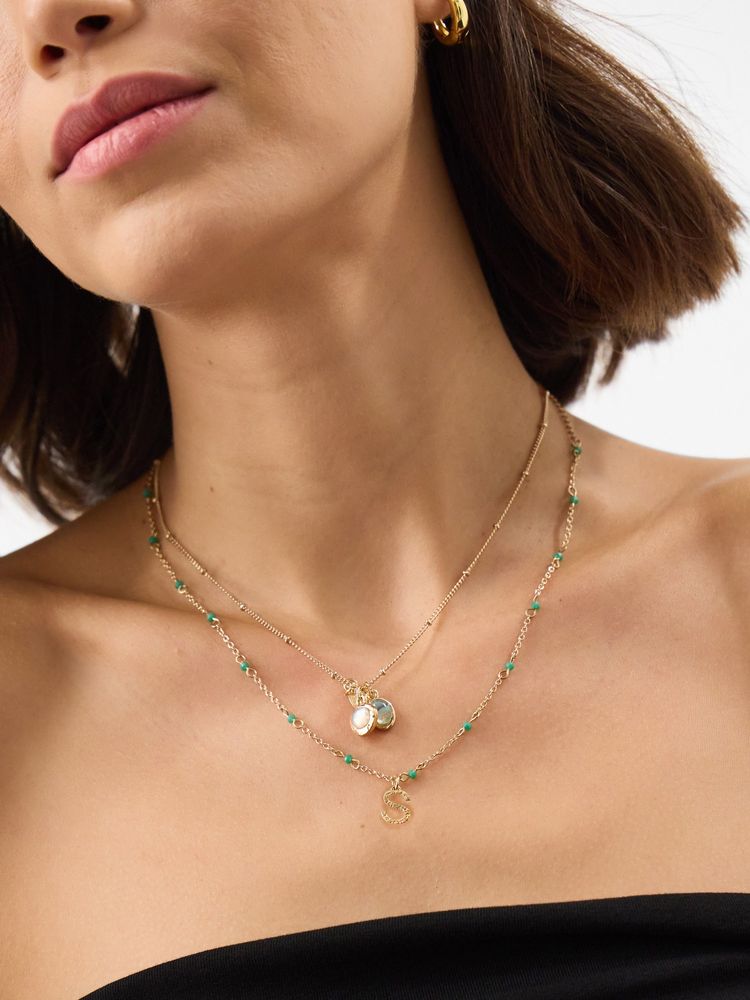 Accessorize London Womens Green Initial S Bead Layered Necklace-image-5