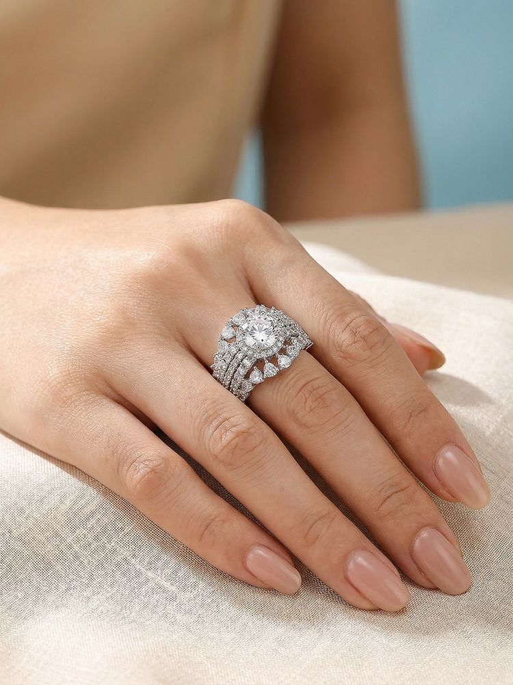 Saraf RS Jewellery Silver Toned AD Zircon White Solitaire Bridal Finger Ring-image-23
