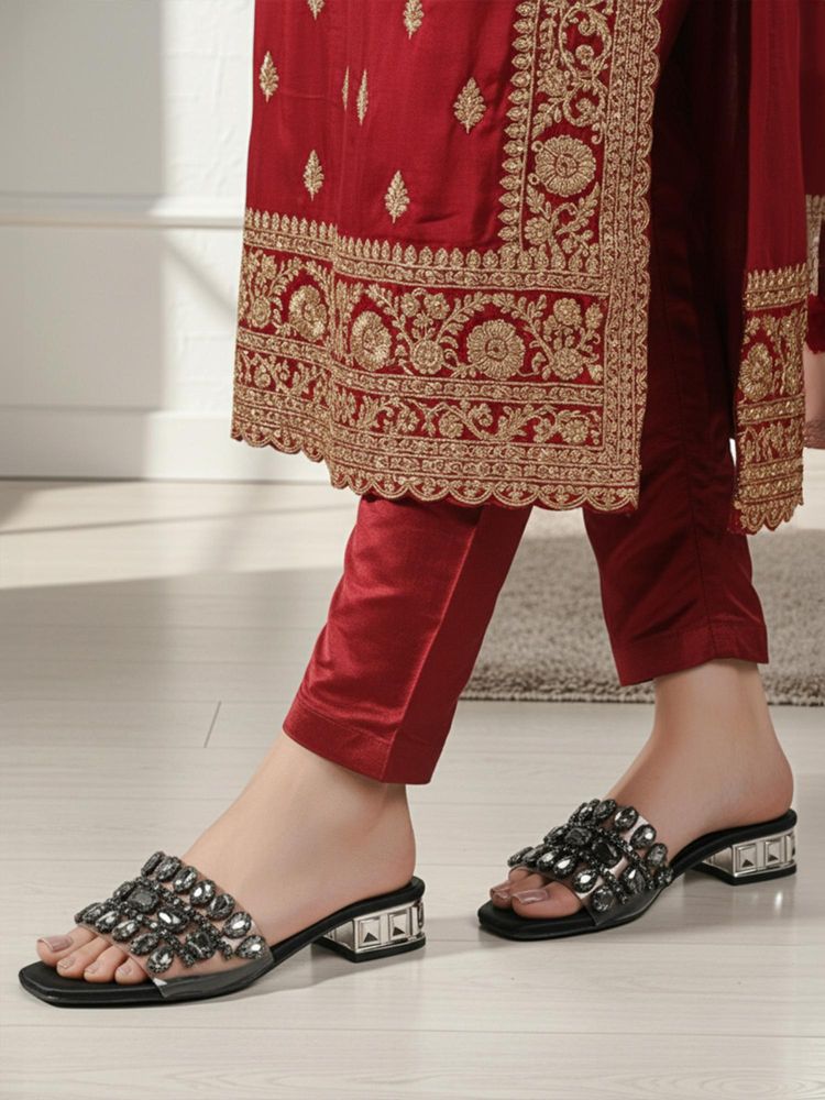 ELLE Women Black Embellished Gemstone Sandal Heels-picture-29