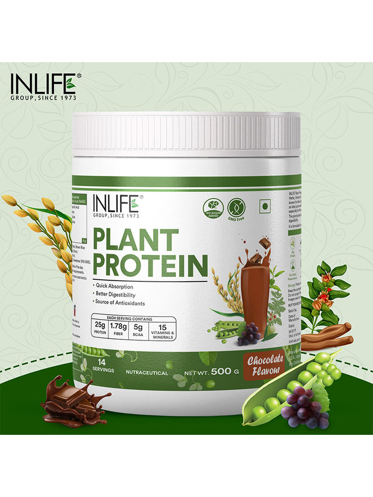 Inlife Plant Protein Powder - Pea, Quinoa & Brown Rice - 25g Protein - (Chocolate, 500g)