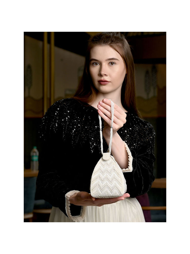 Odette Women White Silk Blend Embellished Clutch-image-4