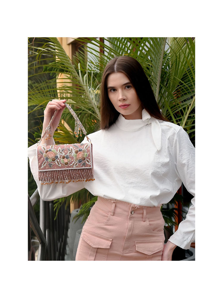 Odette Women Pink Suede Embellished Clutch-image-28