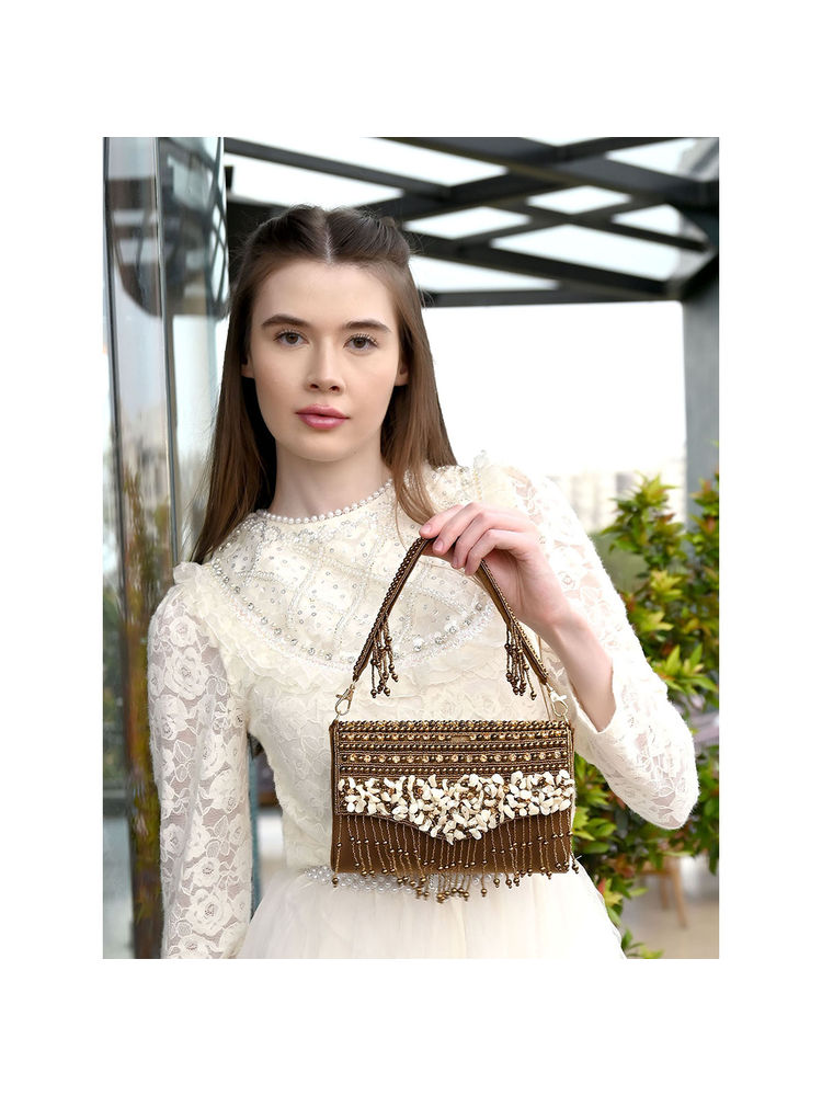 Odette Women Brown Velvet Embellished Clutch-image-11