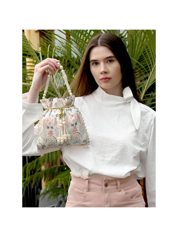 Odette Women White Silk Blend Embellished Potli Bag-image-15