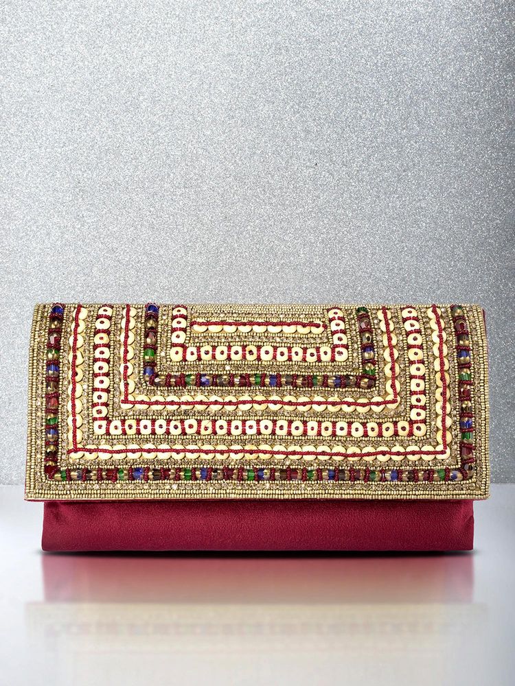 Peora Womens Handmade Evening Stylish Bridal Fashion Maroon Clutch with Detachable Strap-picture-30