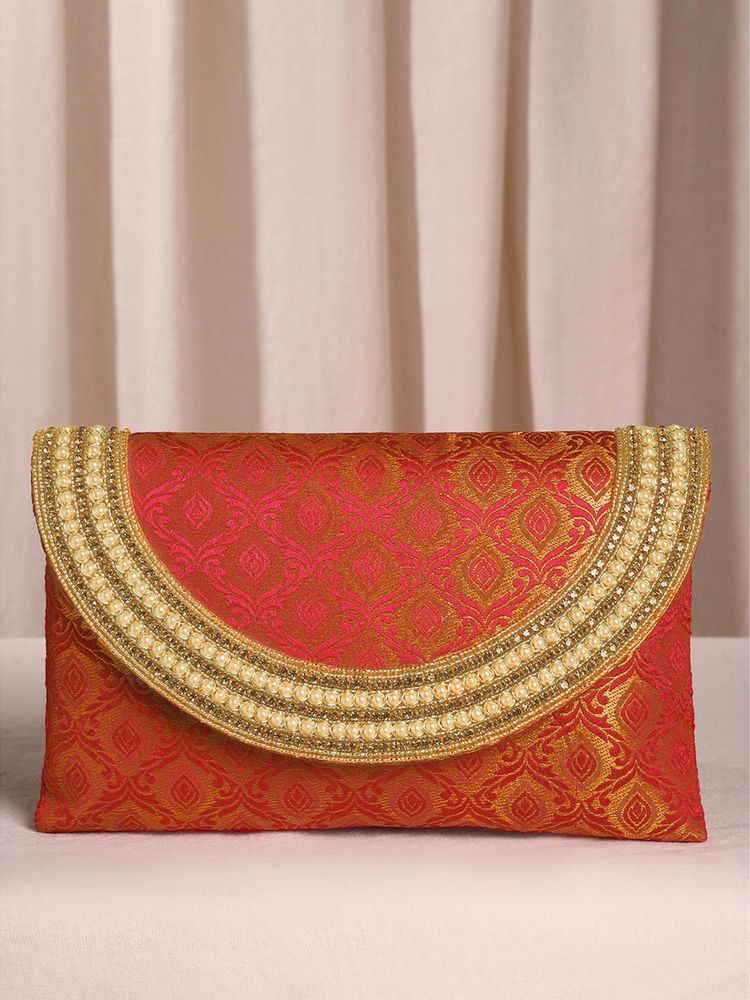 Peora Womens Handmade Artificial Beads Flap Maroon Clutch with Detachable Strap-picture-15